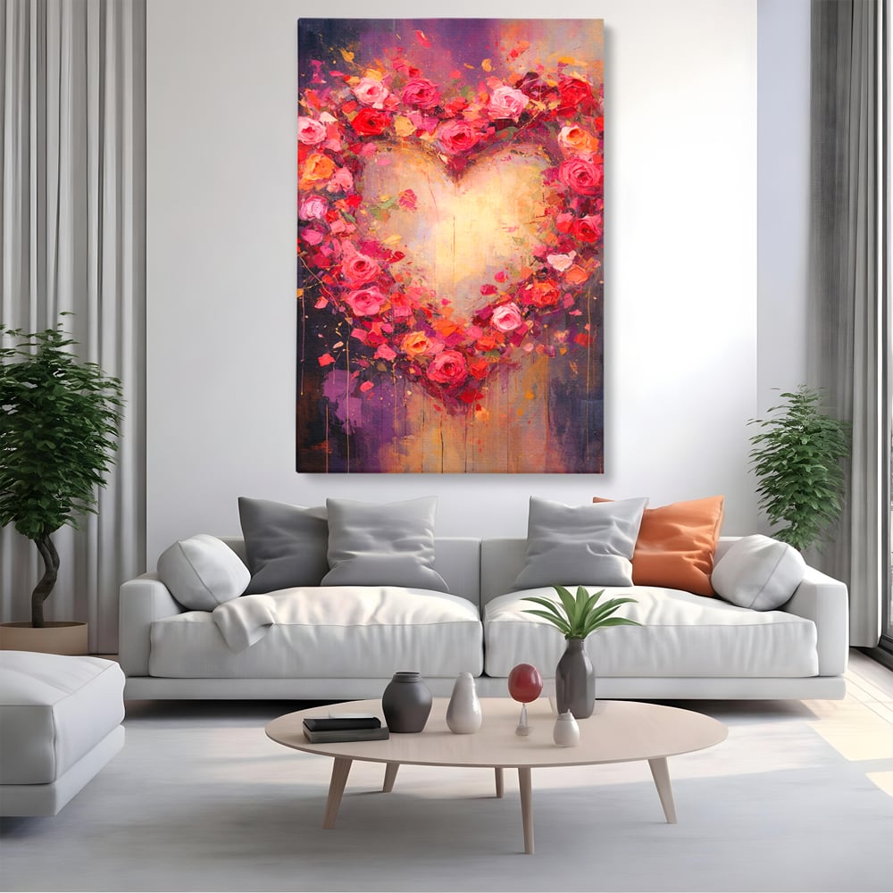 Tablou canvas cu tablou canvas cu inima din trandafiri, fara rama, pe sasiu de lemn, pe perete intr-un living